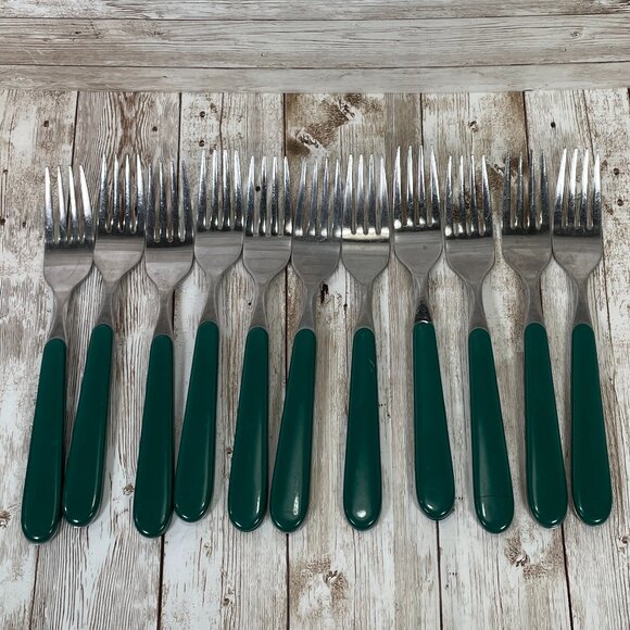 Vintage ONEIDA 55 Pc Lot Green Plastic Handle Utensil Stainless Steel Flatware - Picture 5 of 12